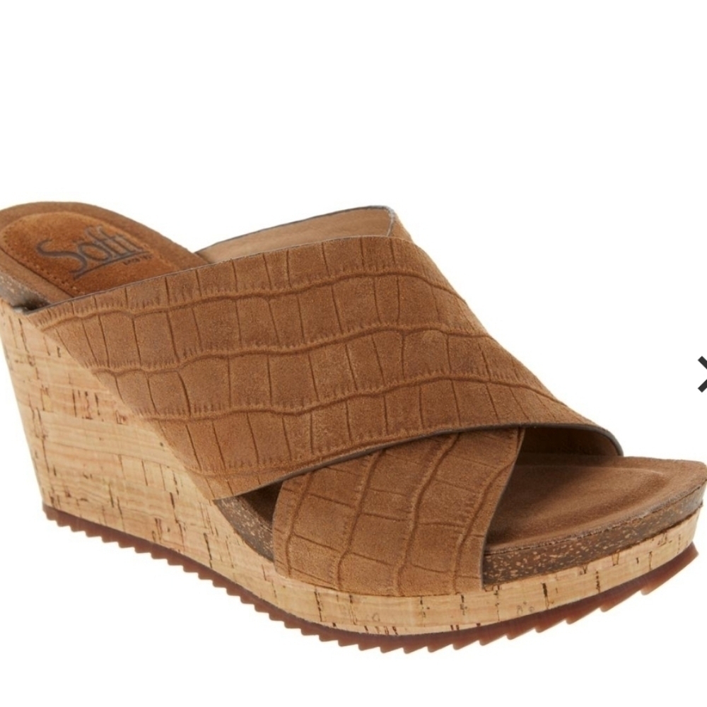 Sofft Womens Leather Ciera croc embossed Wood Wedge Sandals shoes sz 9.5M